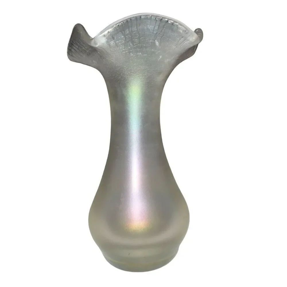 Vintage Iridescent Stretch Glass Ruffled Rim Vase7 3/4" tall